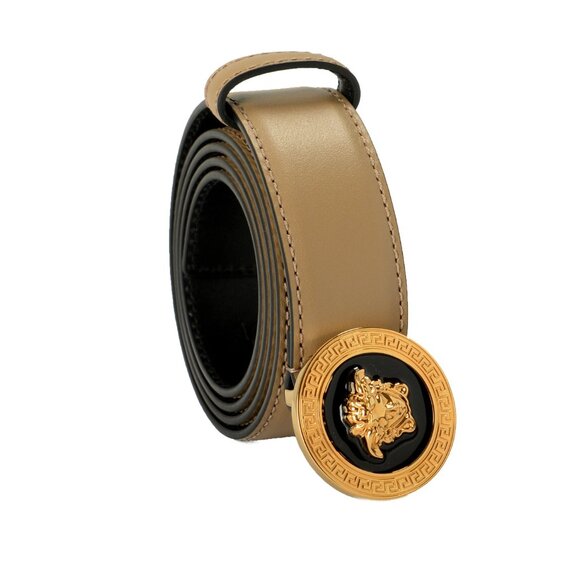 Versace Taupe 100% Leather Gold Medusa Head Logo Decorated Belt US 42 IT 105 - Picture 1 of 5
